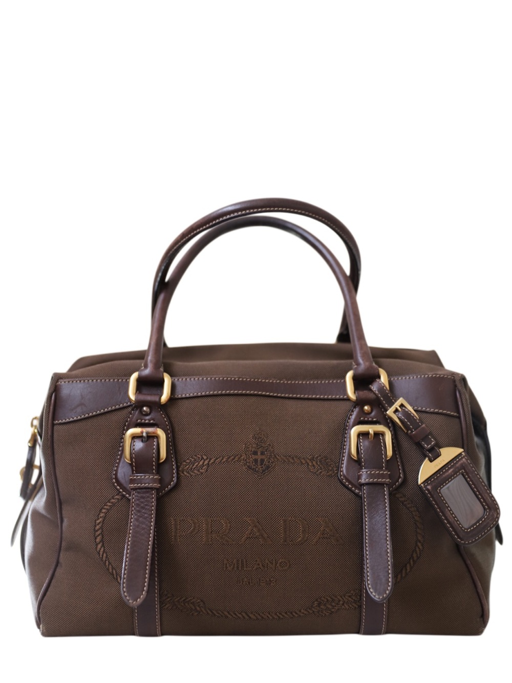 Vintage Prada Canvas Jacquard Logo Boston Bag Brown Gold HW